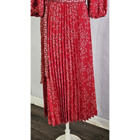 Max Studio Red Floral Print Puff Sleeve Pleated Midi  Dress Women's Large - Picture 4 of 10